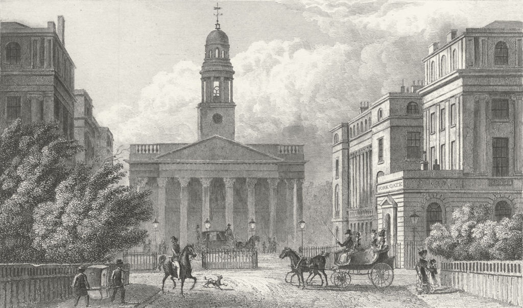 LONDON. York Gate, Regent's Park Marylebone Church 1827 old antique print